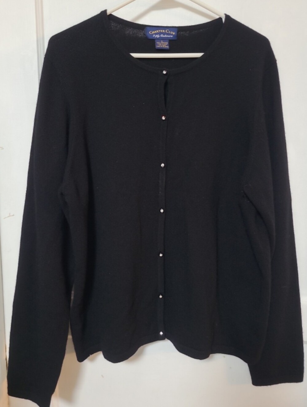 Charter Club Black Cashmere Rhinestone Button Crewneck Cardigan Sweater LARGE